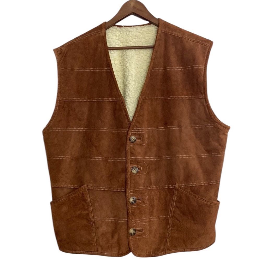 Vintage Vest Mens XL Brown Leather Cream Faux Shearling Fleece Reversible